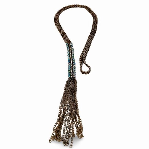 Elegant Antique Gold Aurora Caviar Bead Fringe Tassel Chain 31” Necklace JW1540 - Picture 4 of 5